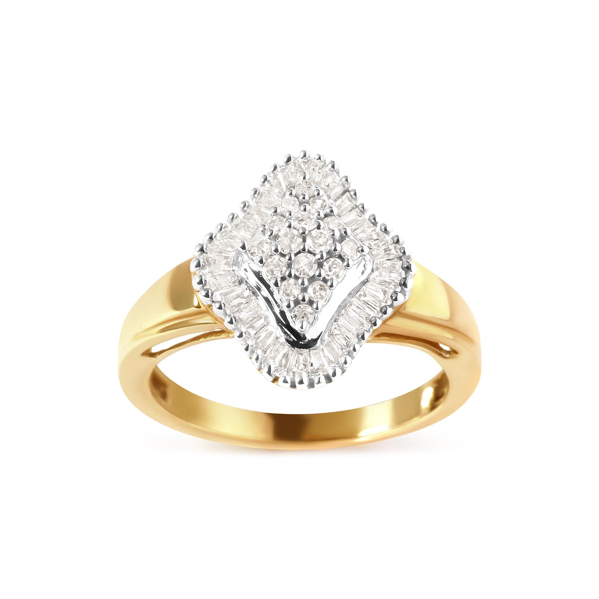 10K Yellow Gold 1/2 Cttw Round And Baguette-cut Diamond Rhombus Head and Halo Ring (I-J Color, I1-I2 Clarity)