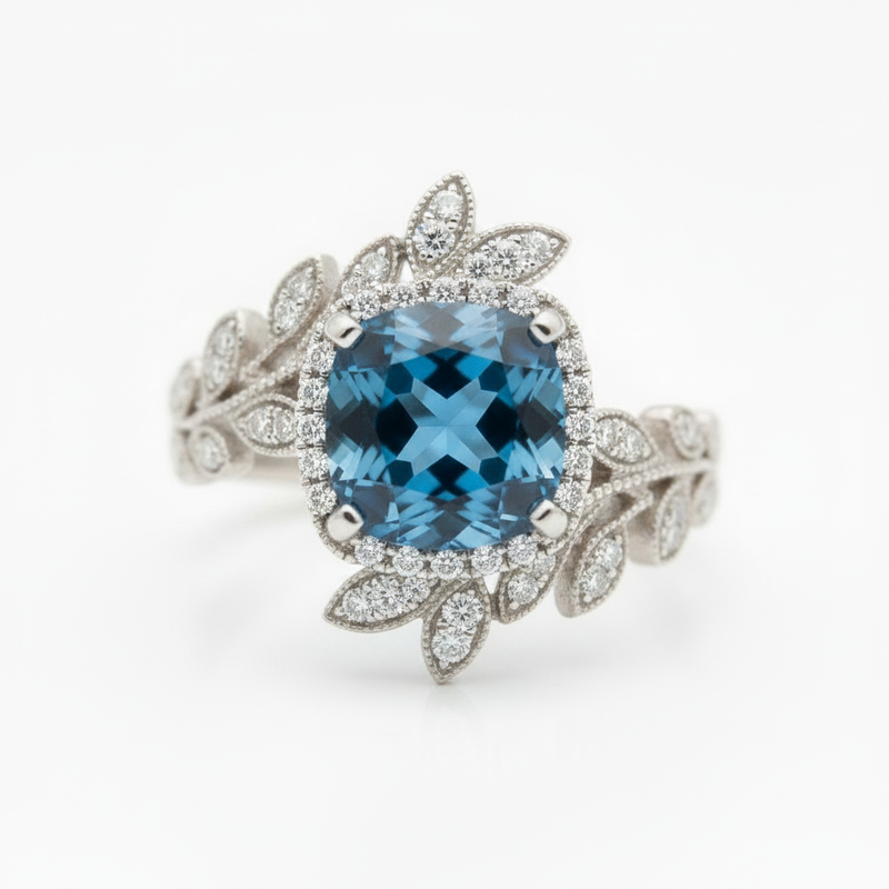 Swiss Blue Topaz Halo Diamond Nature Band Ring